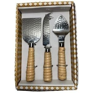 Two’s Company Rattan Wrapped Set of 3 Hammered Steel Cheese Knives BNIB